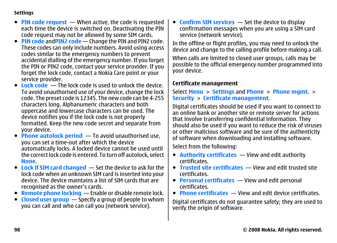 Certificate management | Nokia 5800EN User Manual | Page 98 / 116