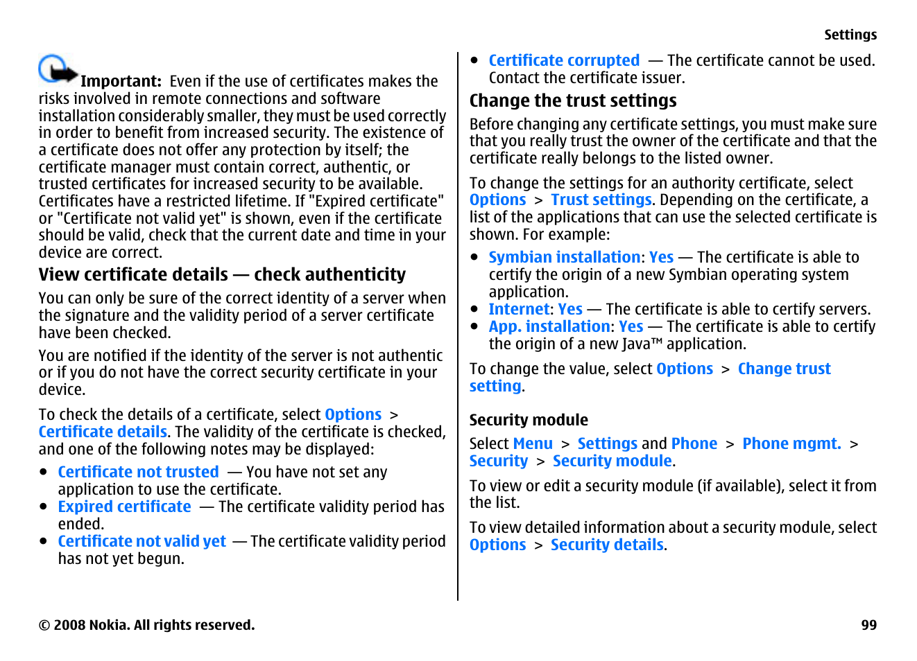 Security module | Nokia 5800EN User Manual | Page 99 / 116