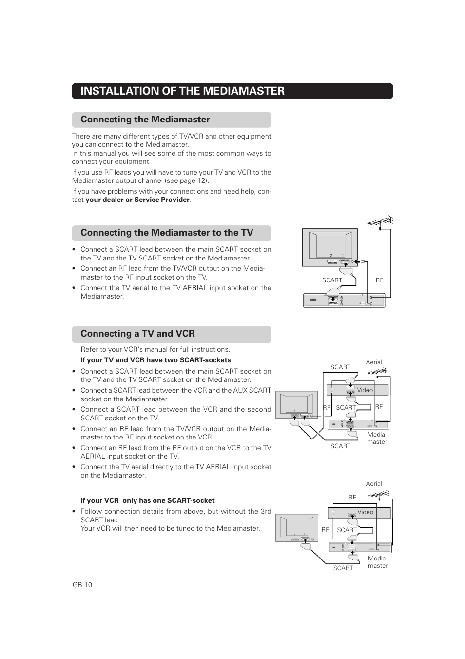 Installation of the mediamaster, Connecting the mediamaster to the tv, Connecting the mediamaster | Connecting a tv and vcr | Nokia Mediamaster 9828 User Manual | Page 10 / 34