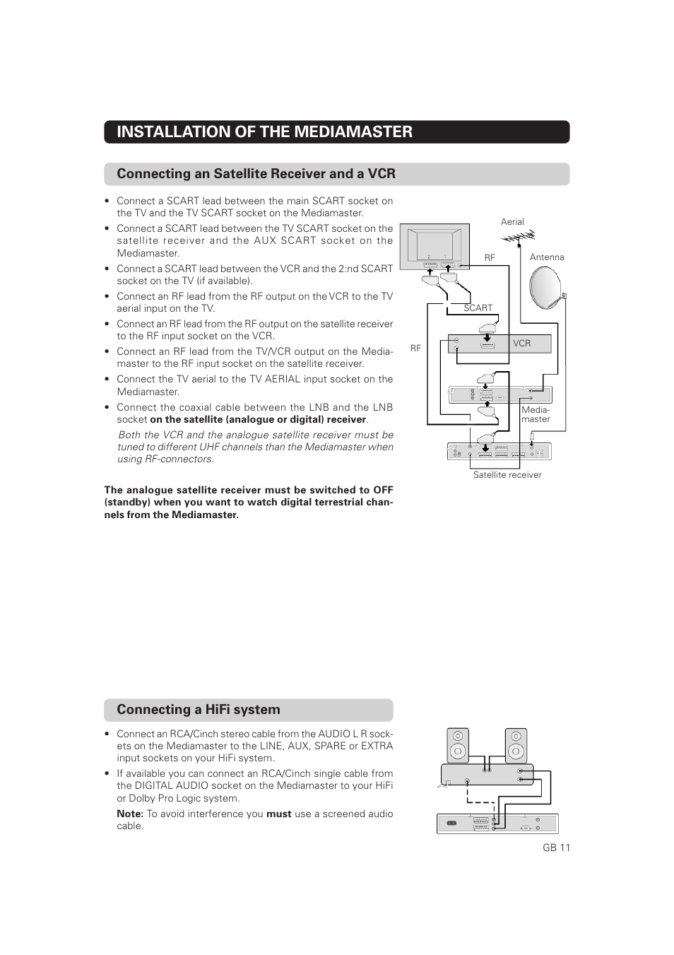 Connecting an satellite receiver and a vcr, Installation of the mediamaster | Nokia Mediamaster 9828 User Manual | Page 11 / 34