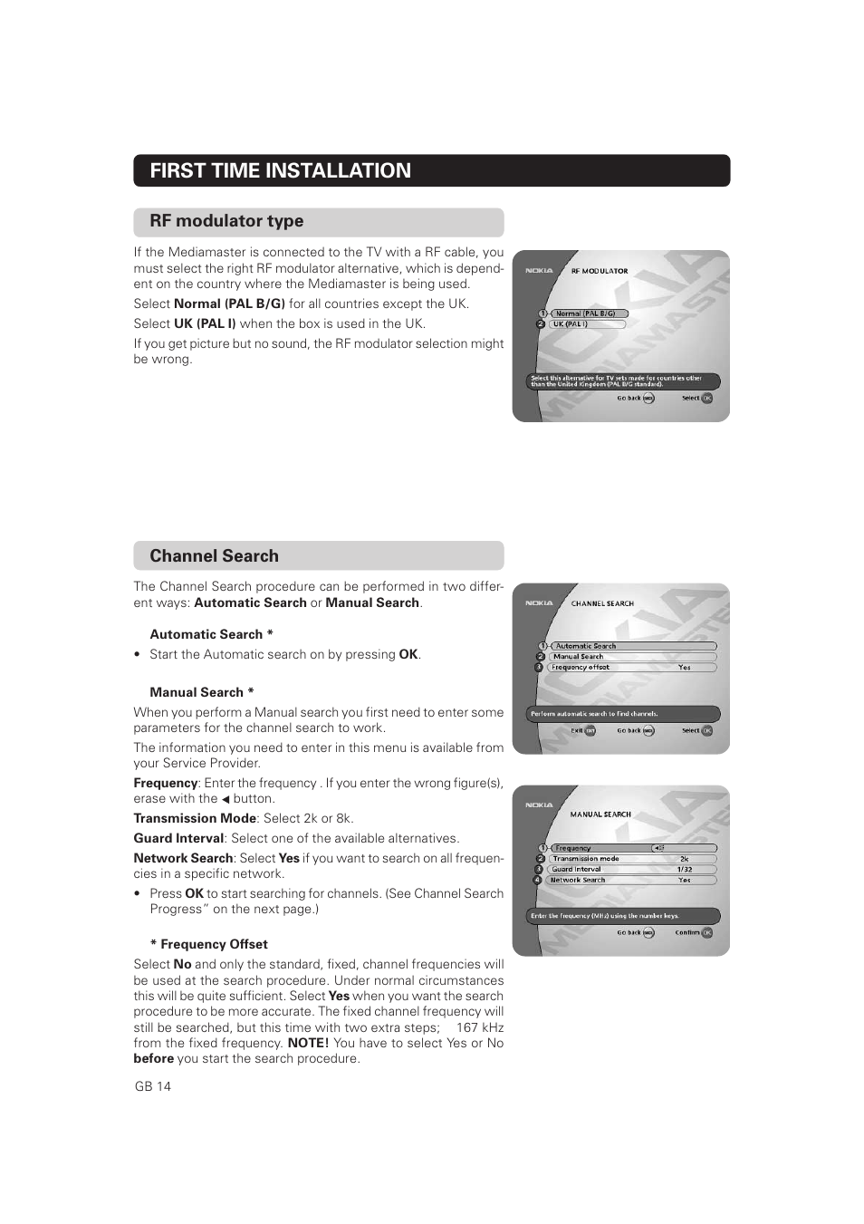 Channel search, First time installation, Rf modulator type | Nokia Mediamaster 9828 User Manual | Page 14 / 34