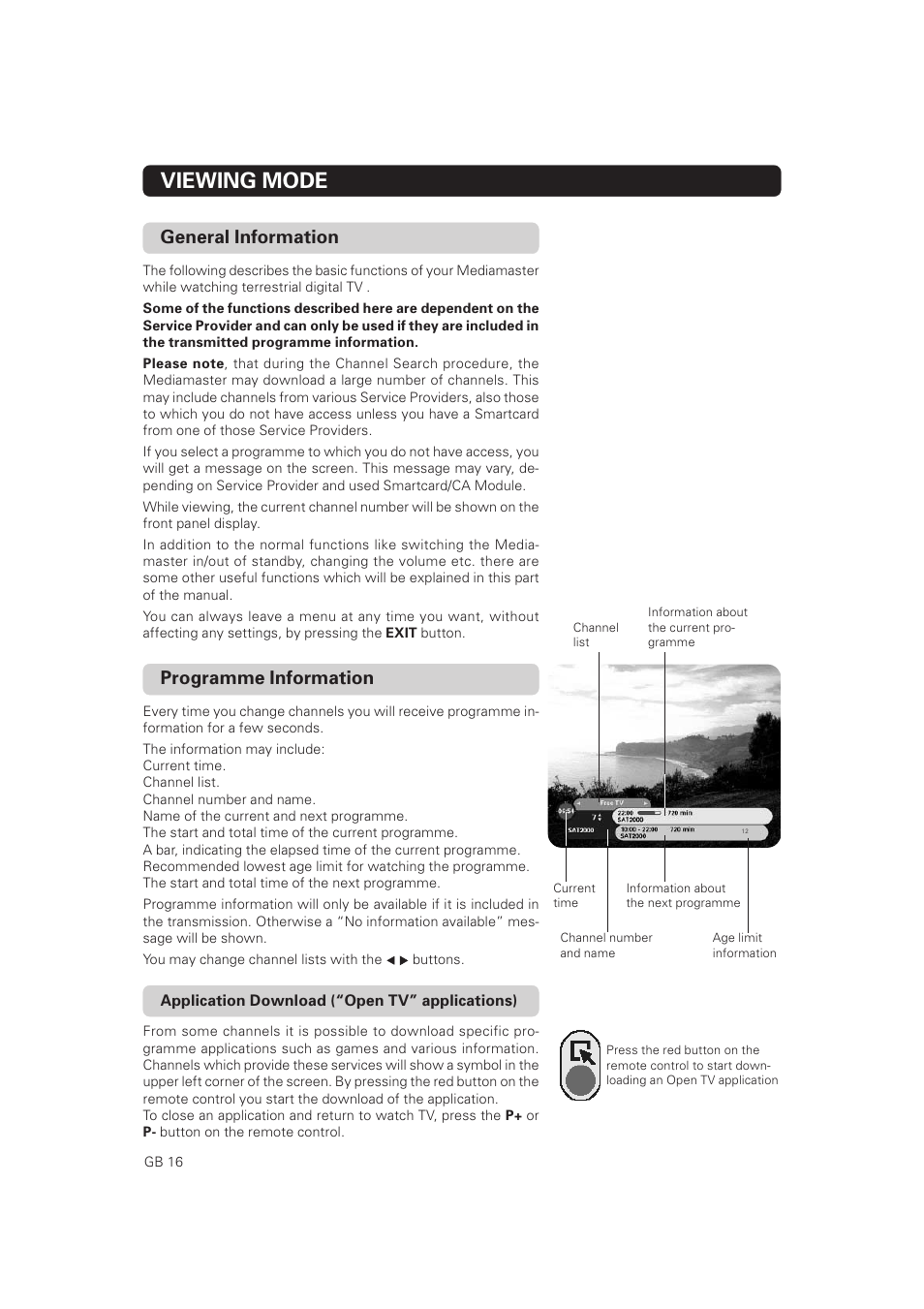 Viewing mode, Programme information, Download anapplication (open tv) | General information | Nokia Mediamaster 9828 User Manual | Page 16 / 34