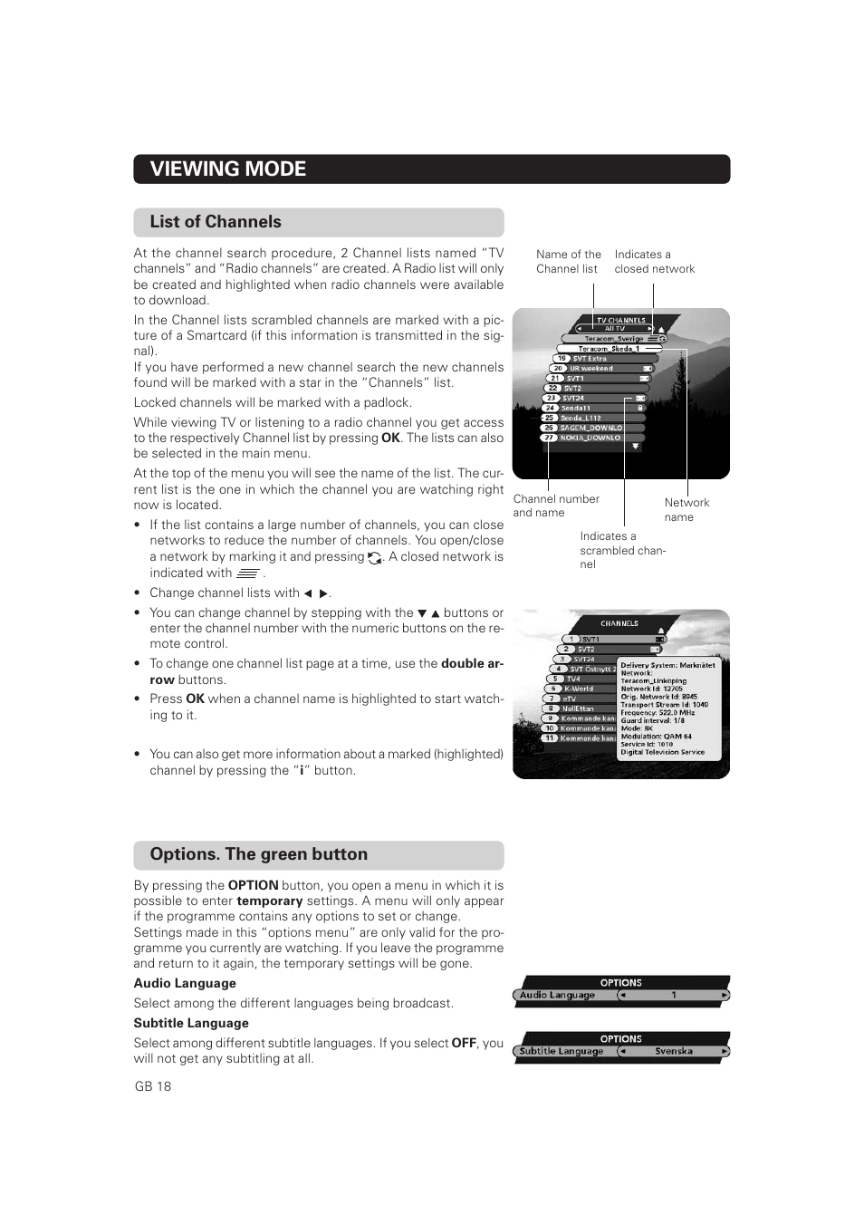 List of channels, Viewing mode, Options. the green button | Nokia Mediamaster 9828 User Manual | Page 18 / 34