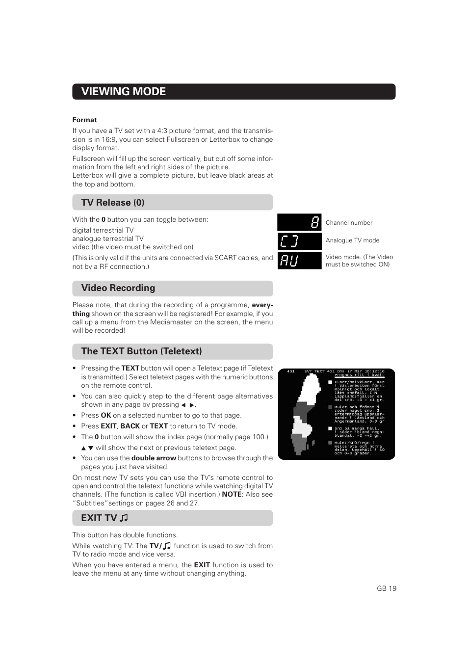 Teletext, Viewing mode, Tv release (0) | Video recording, The text button (teletext), Exit tv | Nokia Mediamaster 9828 User Manual | Page 19 / 34
