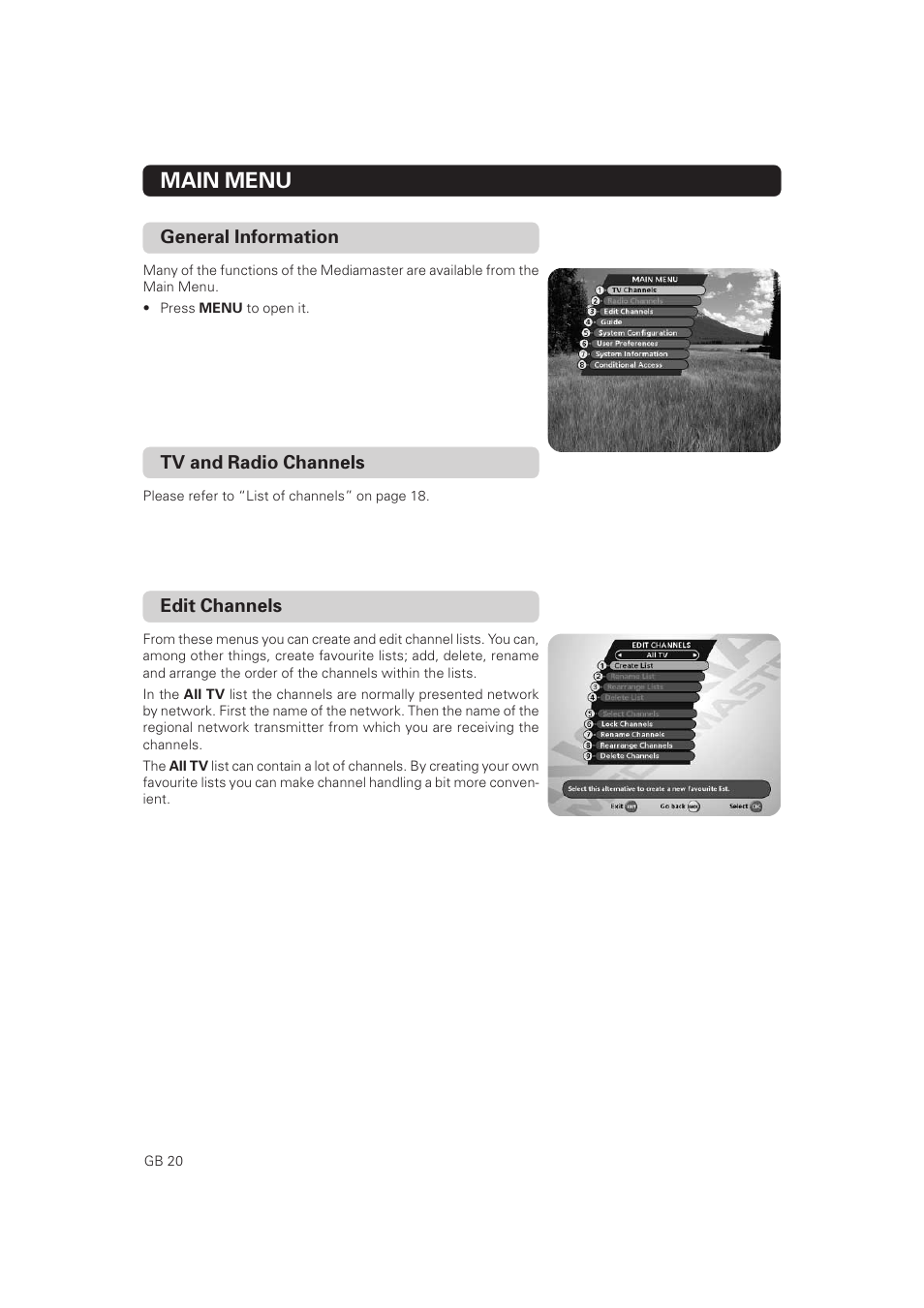 Main menu, Edit channels | Nokia Mediamaster 9828 User Manual | Page 20 / 34