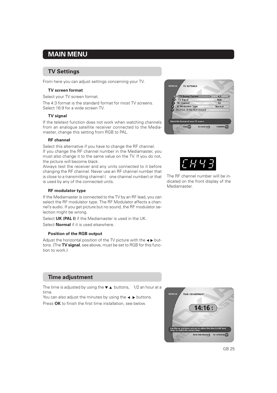 Tv settings, Main menu, Time adjustment | Nokia Mediamaster 9828 User Manual | Page 25 / 34