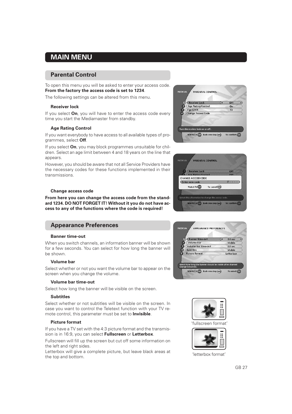 Parental control, Main menu, Appearance preferences | Nokia Mediamaster 9828 User Manual | Page 27 / 34