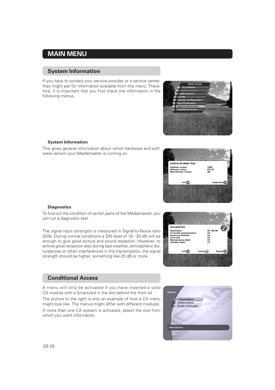 System information, Conditional access, Main menu | Nokia Mediamaster 9828 User Manual | Page 28 / 34