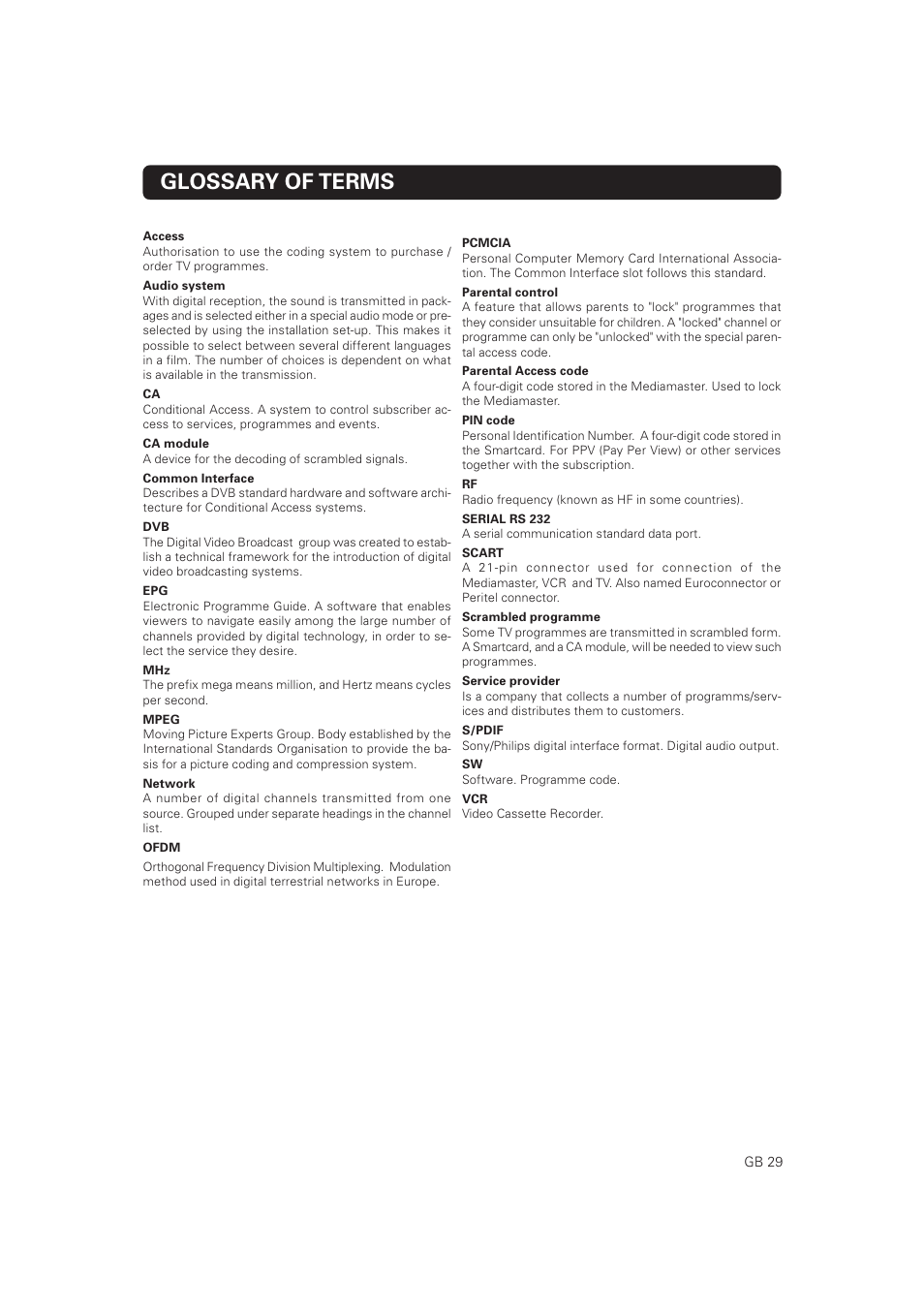 Glossary of terms | Nokia Mediamaster 9828 User Manual | Page 29 / 34