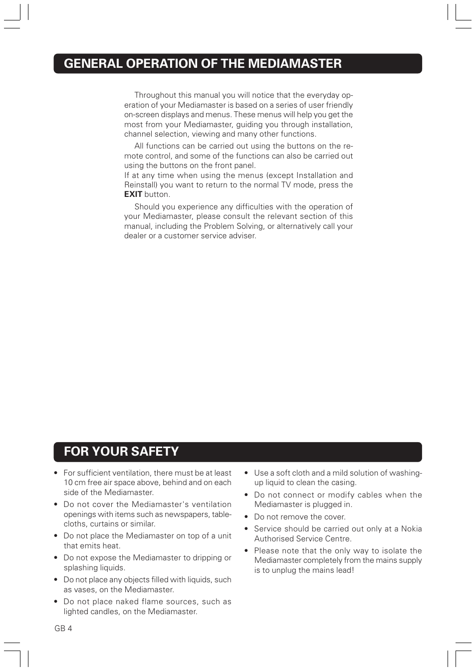 General operation, For your safety, General operation of the mediamaster | Nokia Mediamaster 9828 User Manual | Page 4 / 34