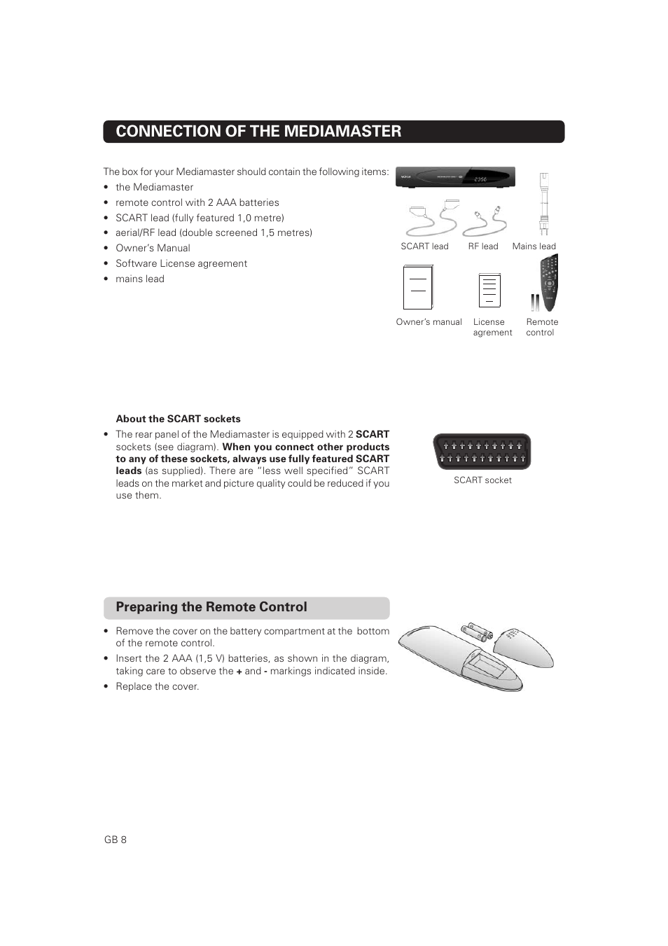 Connection of the mediamaster, Preparing the remote control | Nokia Mediamaster 9828 User Manual | Page 8 / 34