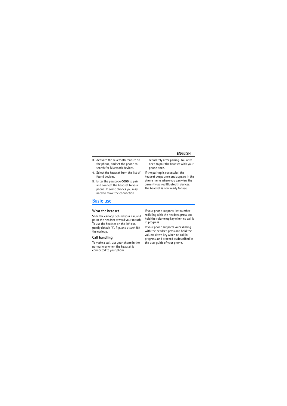 Basic use, Wear the headset, Call handling | Nokia BH-205 User Manual | Page 6 / 9