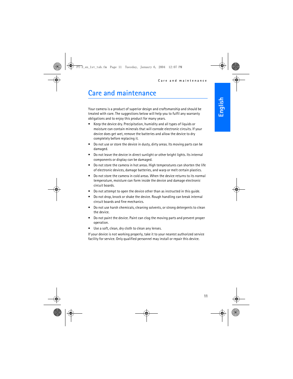 Care and maintenance, En gl ish | Nokia PT-3 User Manual | Page 12 / 13