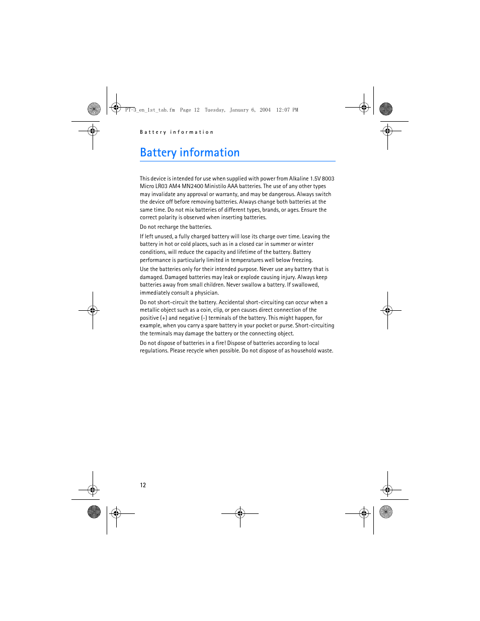 Battery information | Nokia PT-3 User Manual | Page 13 / 13