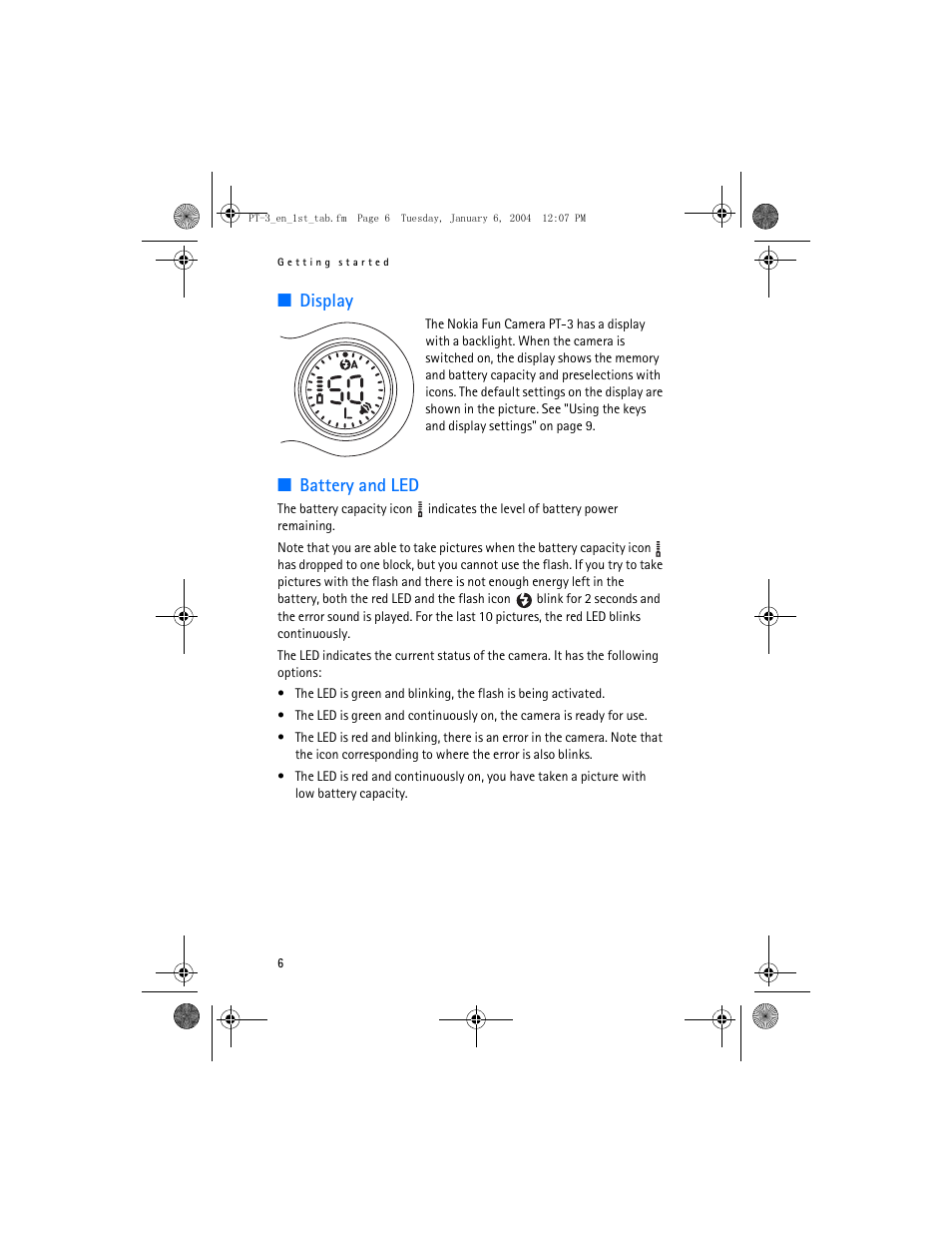 Display, Battery and led | Nokia PT-3 User Manual | Page 7 / 13