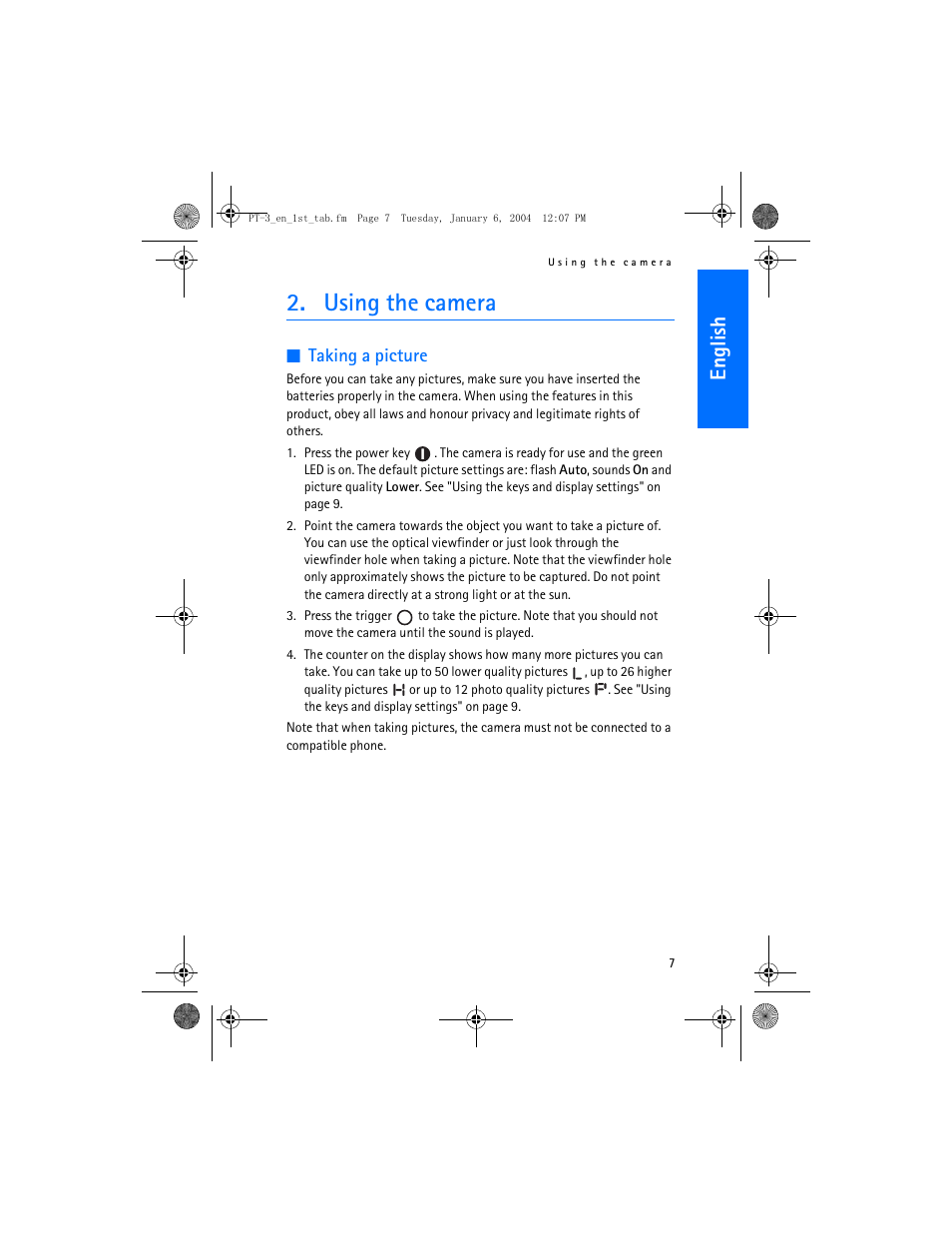 Using the camera, En gl ish | Nokia PT-3 User Manual | Page 8 / 13