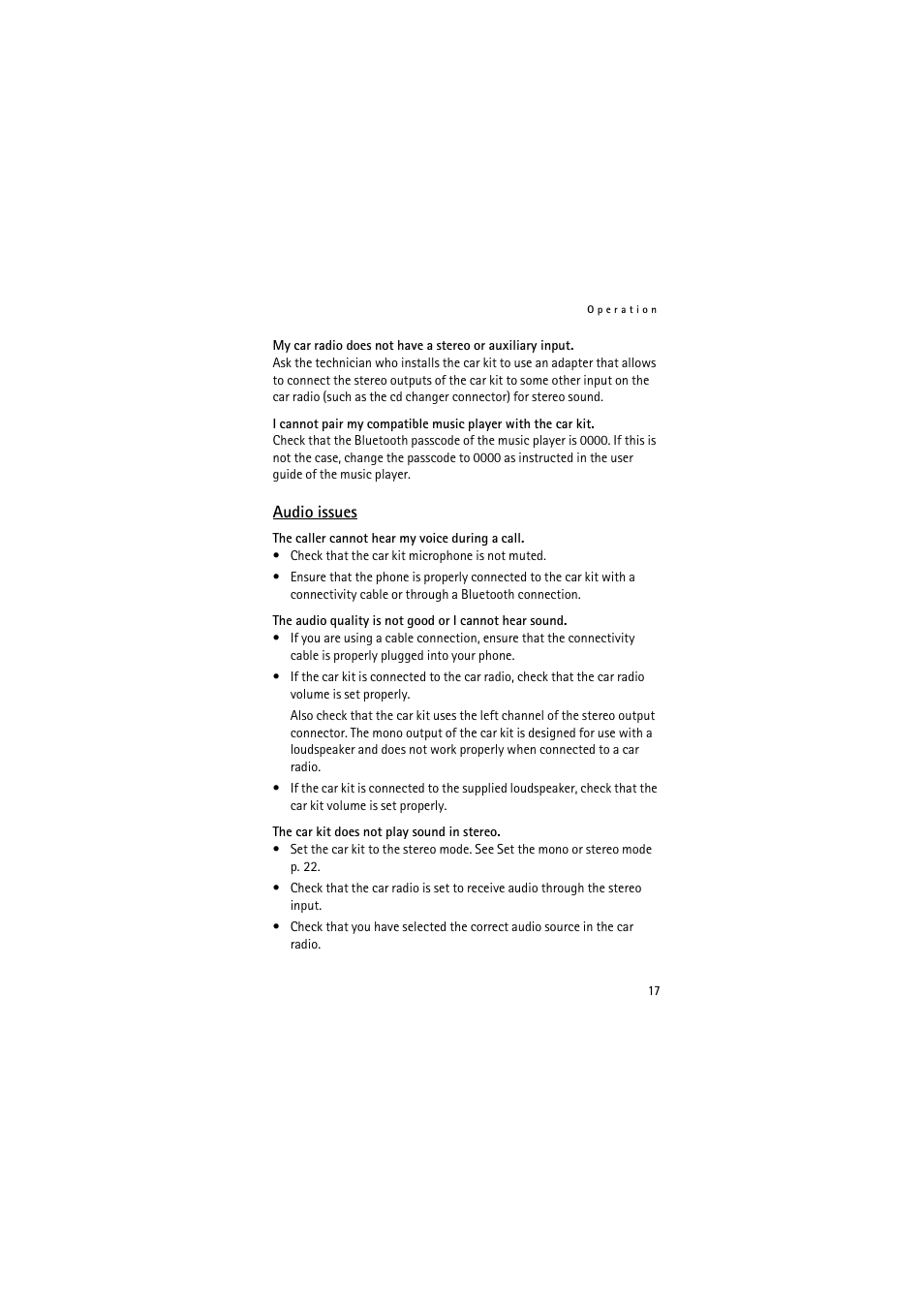 Audio issues | Nokia Multimedia Car Kit CK-20W User Manual | Page 17 / 31