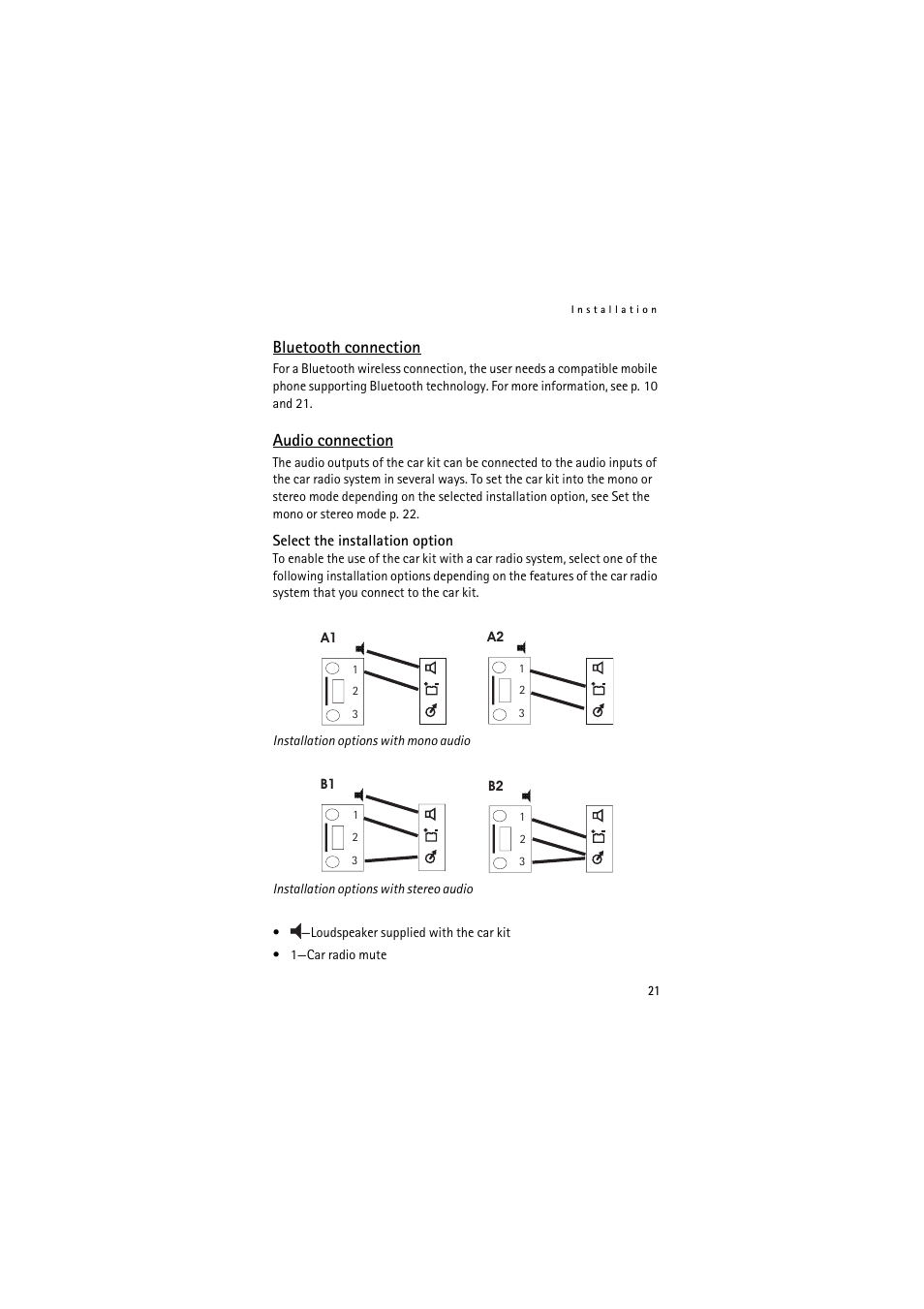 Bluetooth connection, Audio connection, Bluetooth connection audio connection | Nokia Multimedia Car Kit CK-20W User Manual | Page 21 / 31