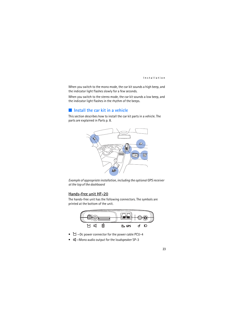 Install the car kit in a vehicle, Hands-free unit hf-20 | Nokia Multimedia Car Kit CK-20W User Manual | Page 23 / 31