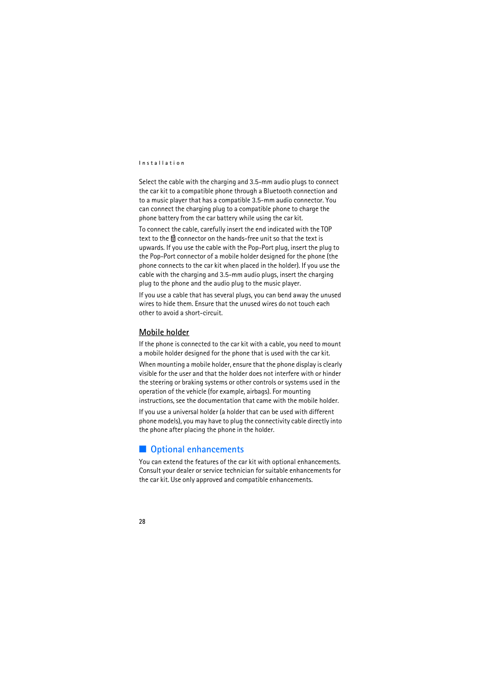 Mobile holder, Optional enhancements | Nokia Multimedia Car Kit CK-20W User Manual | Page 28 / 31
