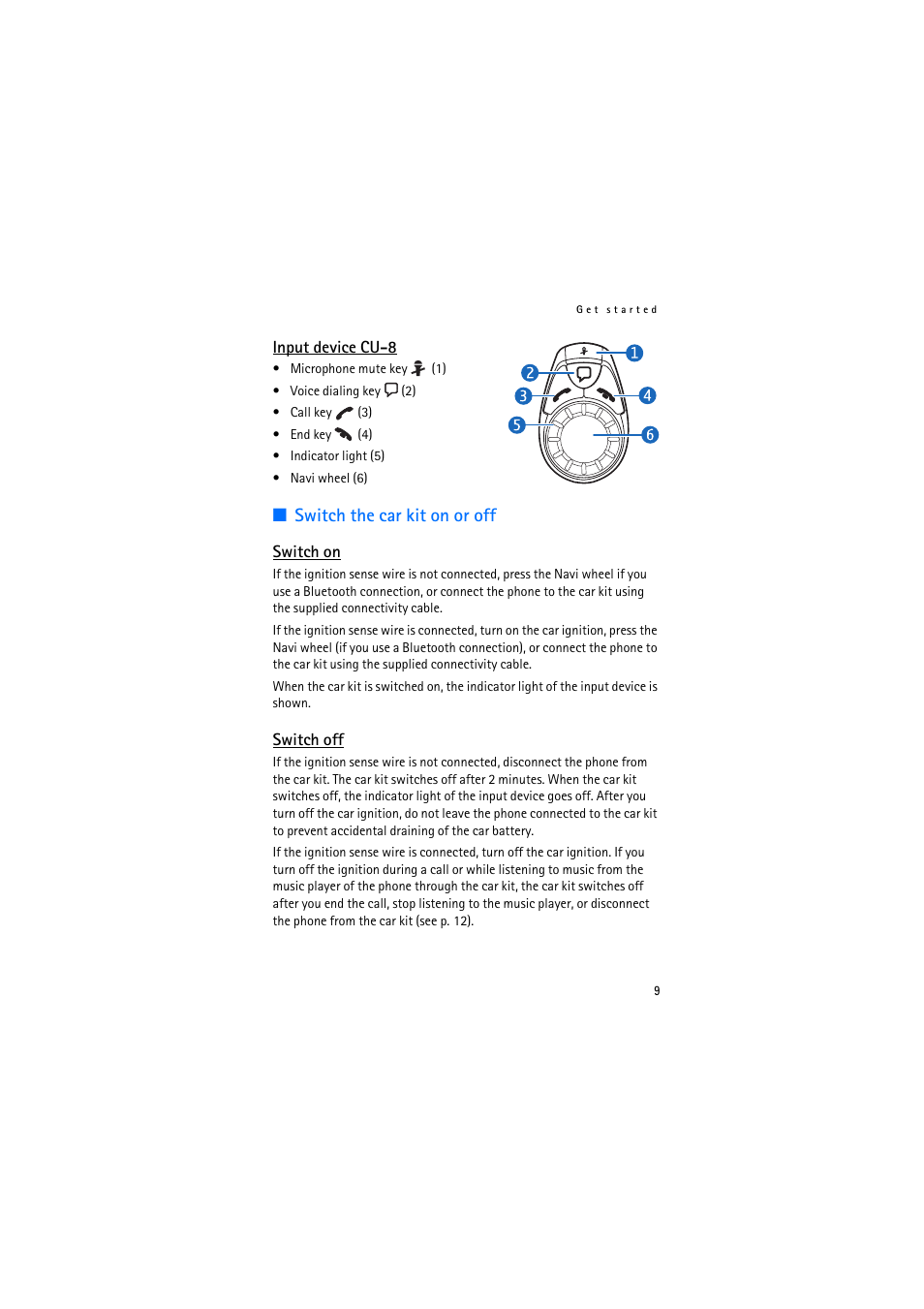 Input device cu-8, Switch the car kit on or off, Switch on | Switch off, Switch on switch off | Nokia Multimedia Car Kit CK-20W User Manual | Page 9 / 31