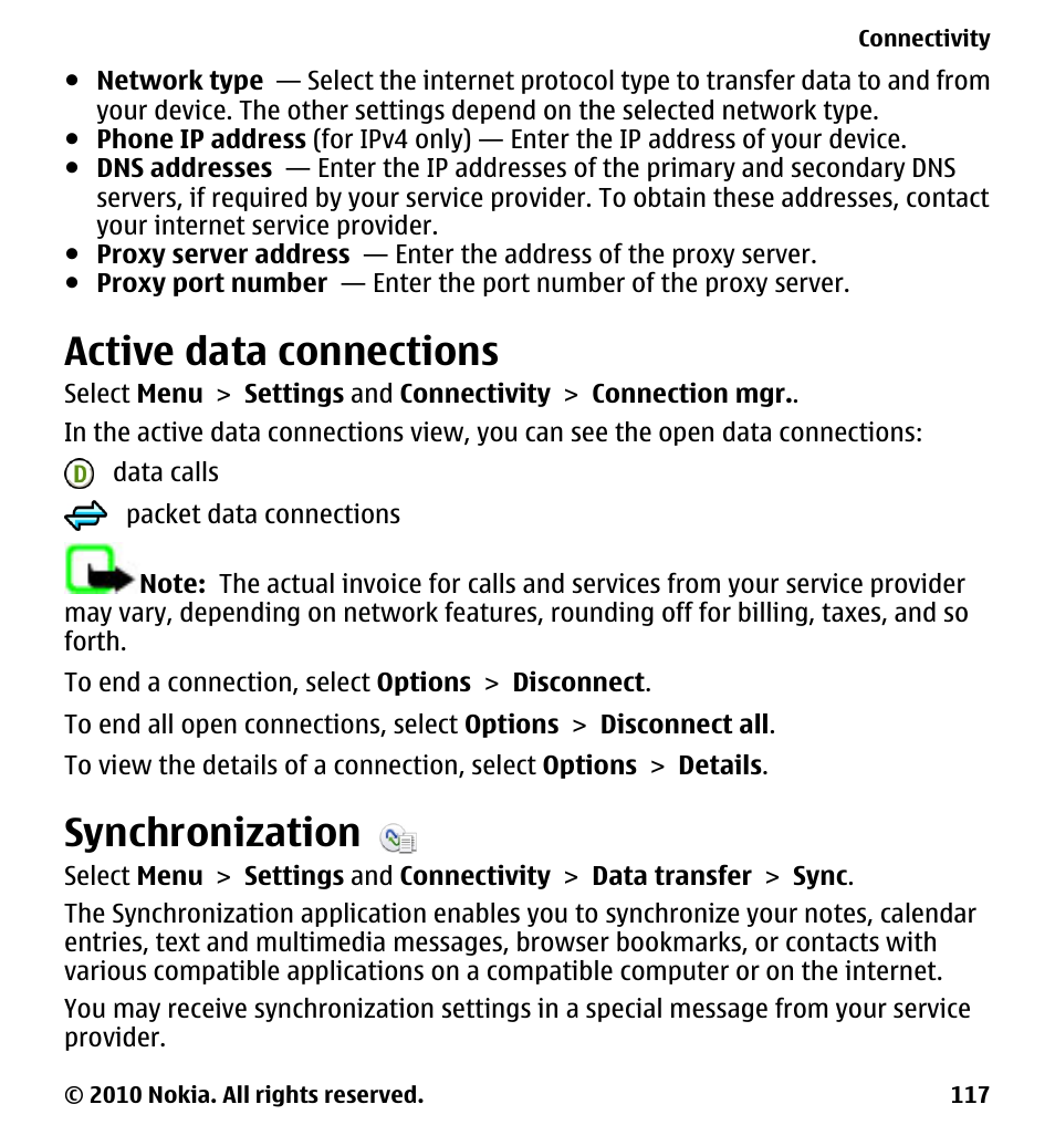Active data connections, Synchronization | Nokia 5230 User Manual | Page 117 / 164