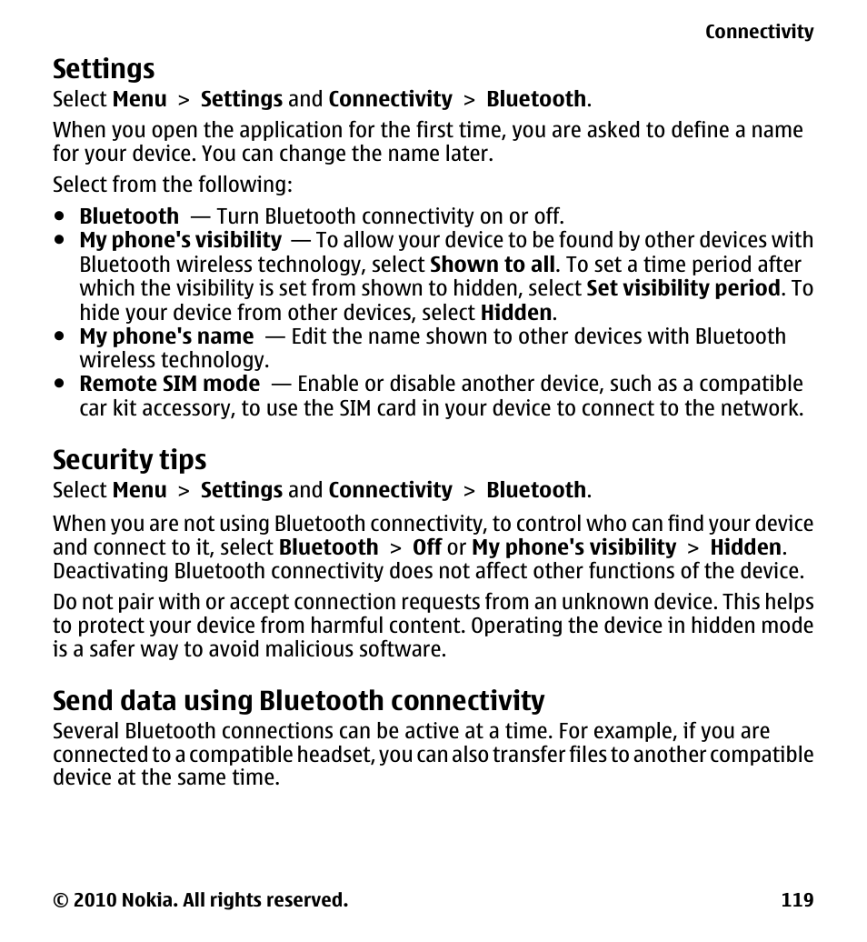 Settings, Security tips, Send data using bluetooth connectivity | Nokia 5230 User Manual | Page 119 / 164