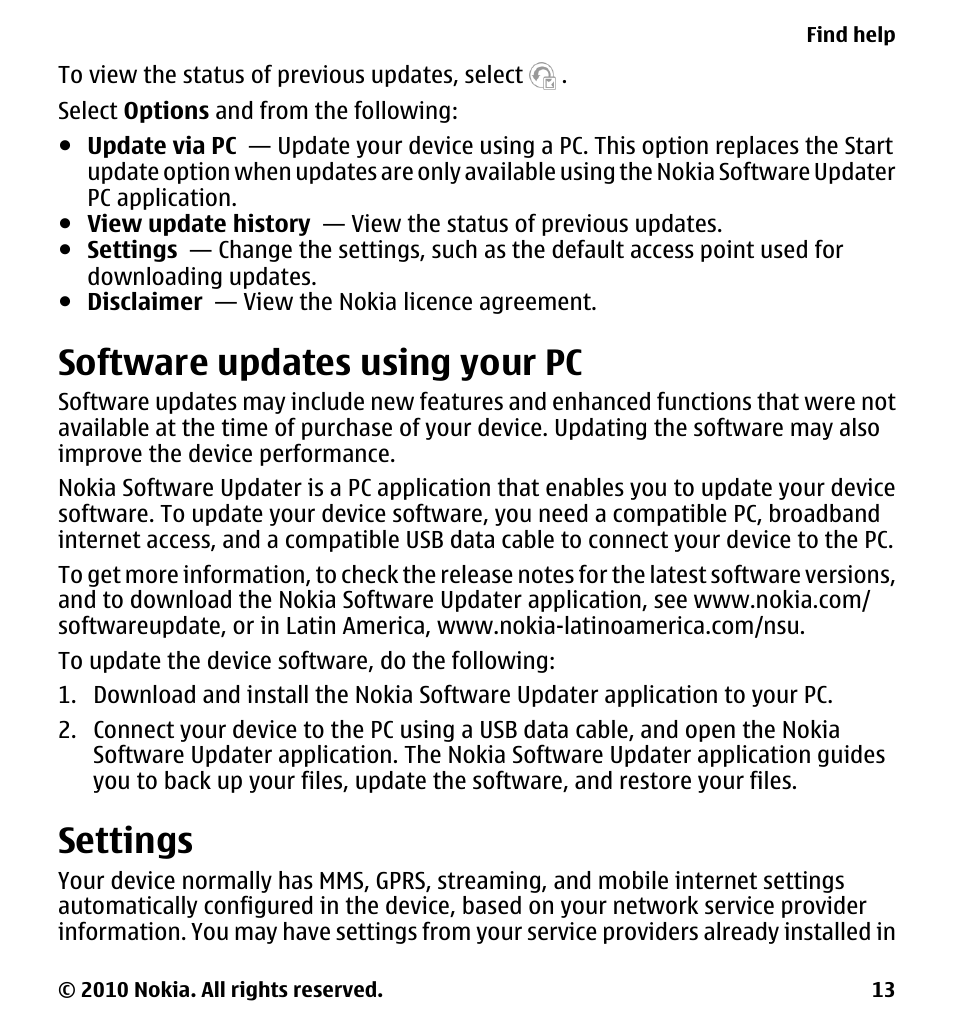 Software updates using your pc, Settings | Nokia 5230 User Manual | Page 13 / 164