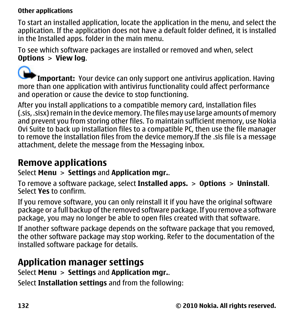 Remove applications, Application manager settings | Nokia 5230 User Manual | Page 132 / 164
