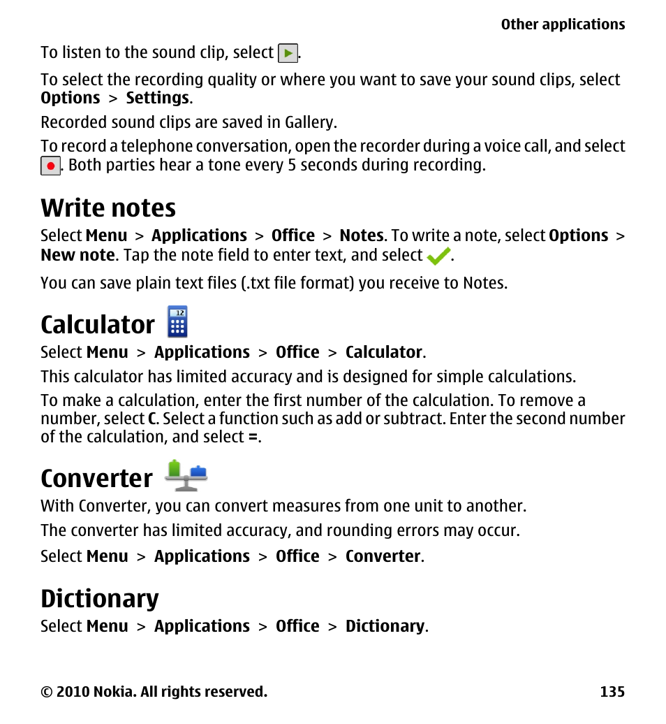 Write notes, Calculator, Converter | Dictionary | Nokia 5230 User Manual | Page 135 / 164