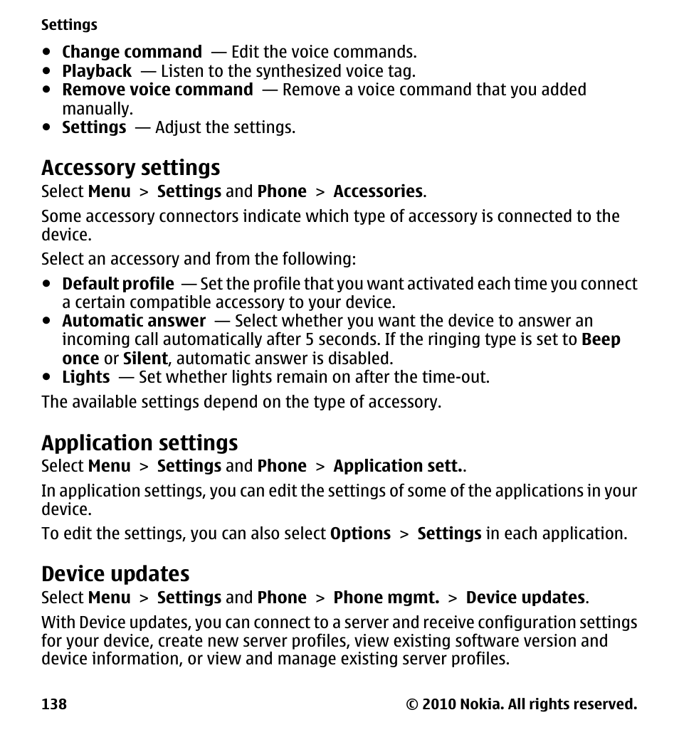 Accessory settings, Application settings, Device updates | Nokia 5230 User Manual | Page 138 / 164