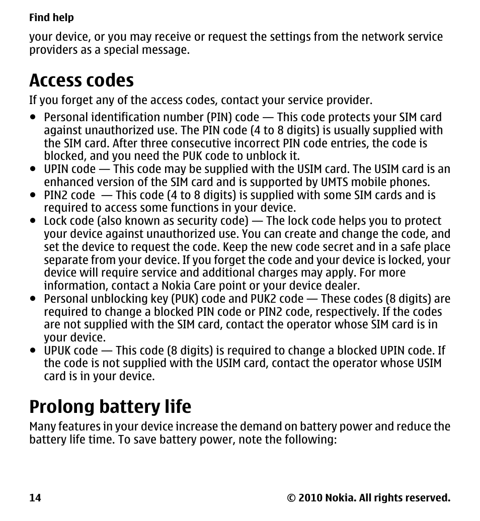 Access codes, Prolong battery life | Nokia 5230 User Manual | Page 14 / 164