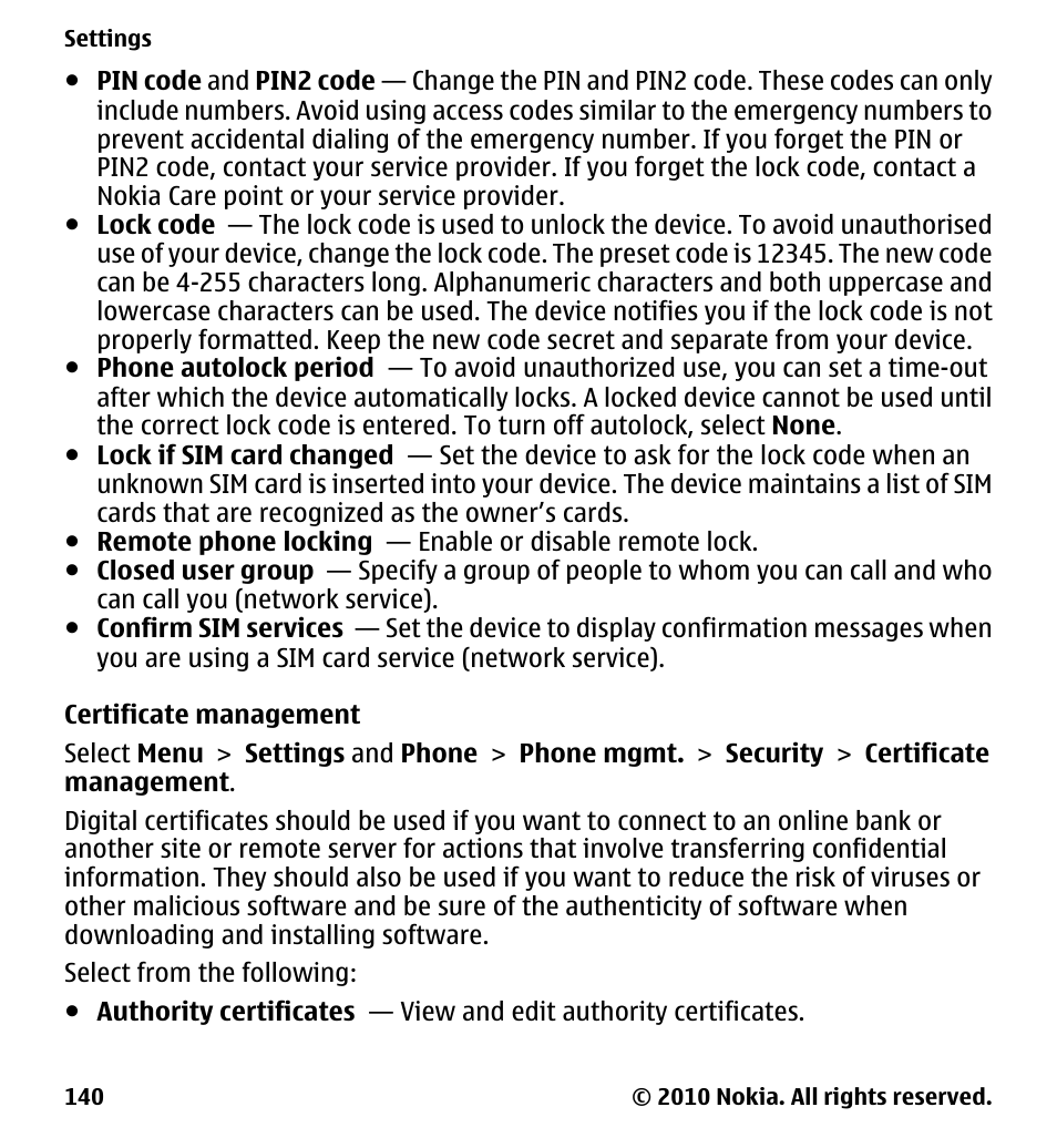 Certificate management | Nokia 5230 User Manual | Page 140 / 164