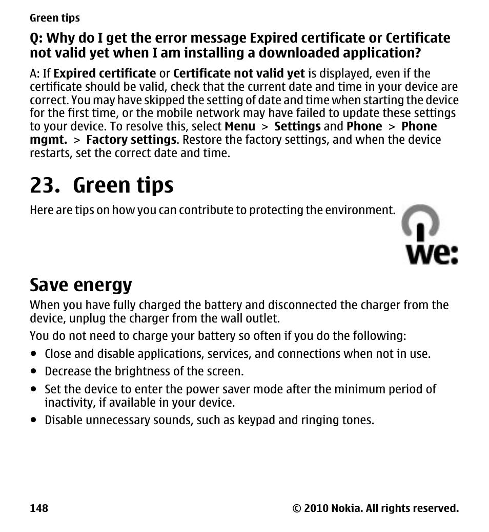 Green tips, Save energy | Nokia 5230 User Manual | Page 148 / 164