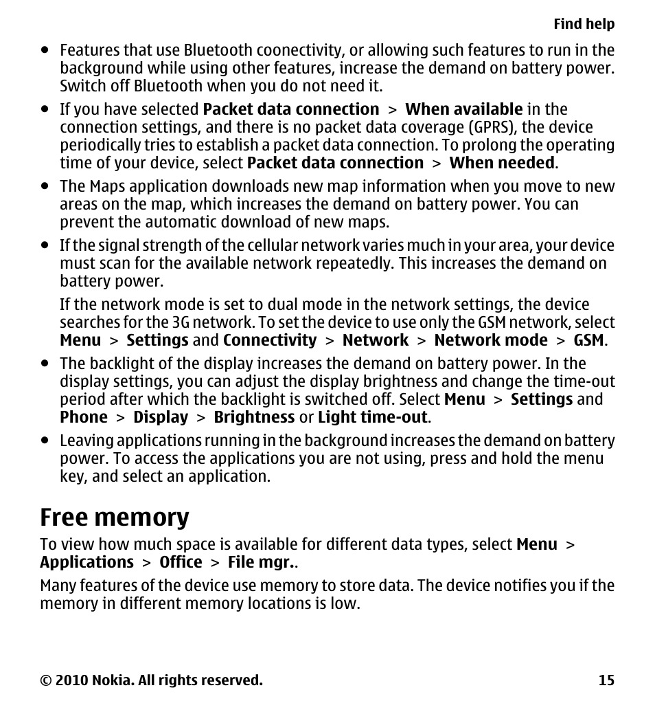 Free memory | Nokia 5230 User Manual | Page 15 / 164