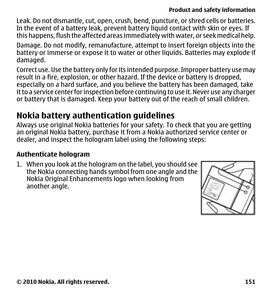 Nokia battery authentication guidelines, Authenticate hologram | Nokia 5230 User Manual | Page 151 / 164