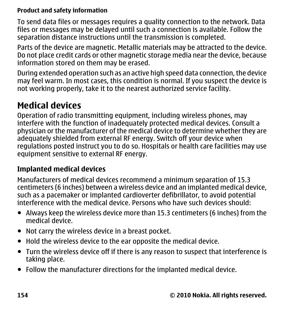 Medical devices, Implanted medical devices | Nokia 5230 User Manual | Page 154 / 164