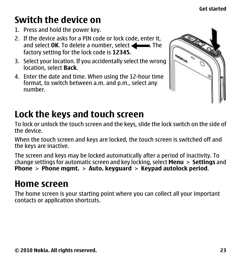 Switch the device on, Lock the keys and touch screen, Home screen | Nokia 5230 User Manual | Page 23 / 164