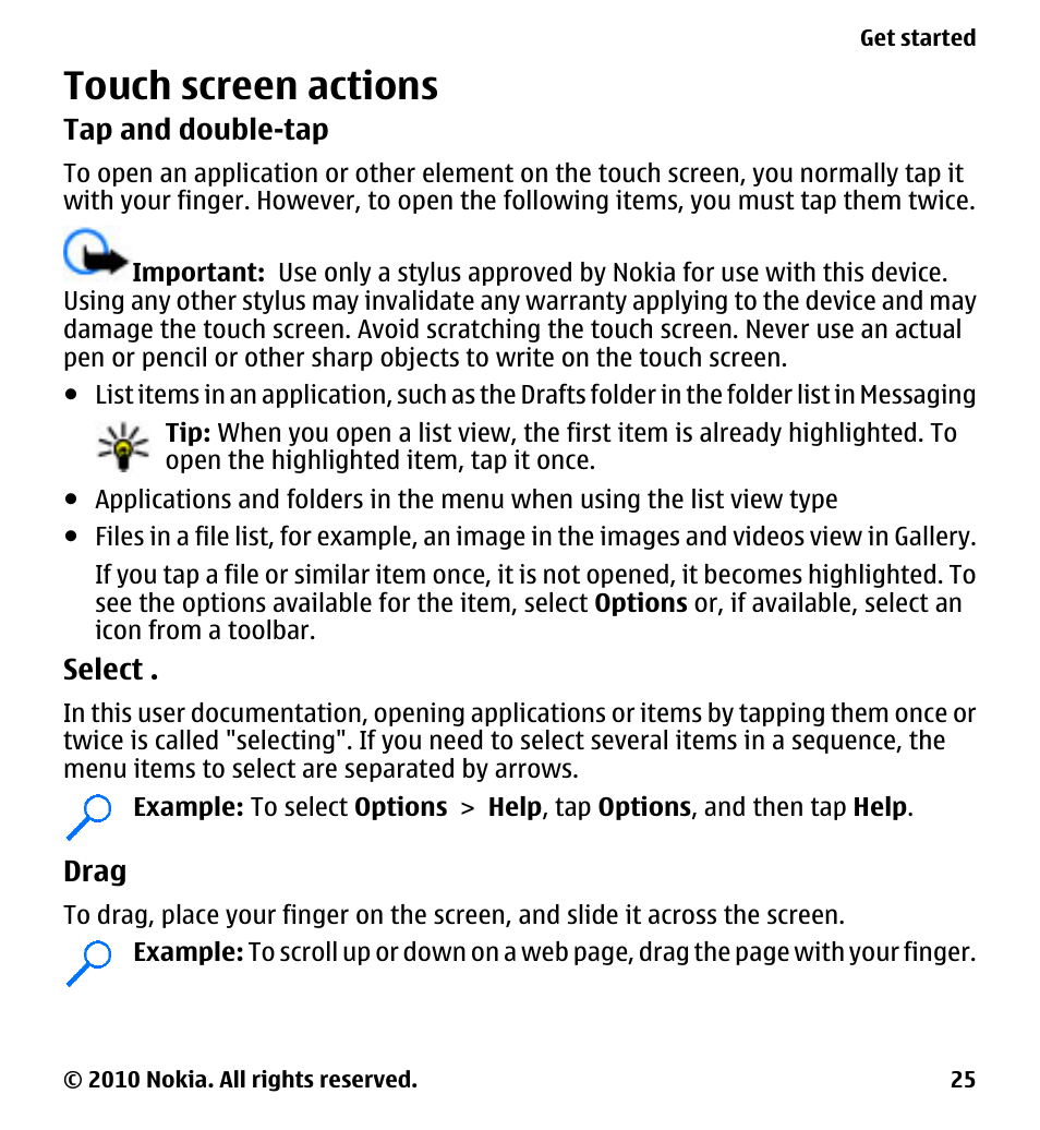 Touch screen actions | Nokia 5230 User Manual | Page 25 / 164