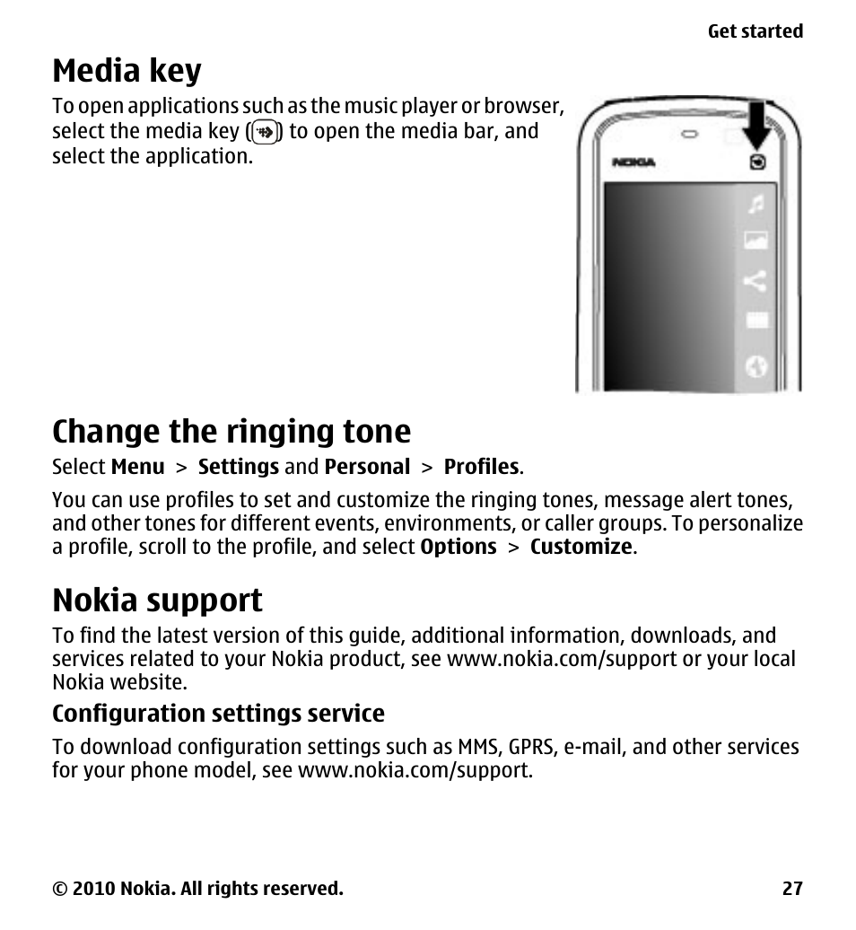Media key, Change the ringing tone, Nokia support | Nokia 5230 User Manual | Page 27 / 164