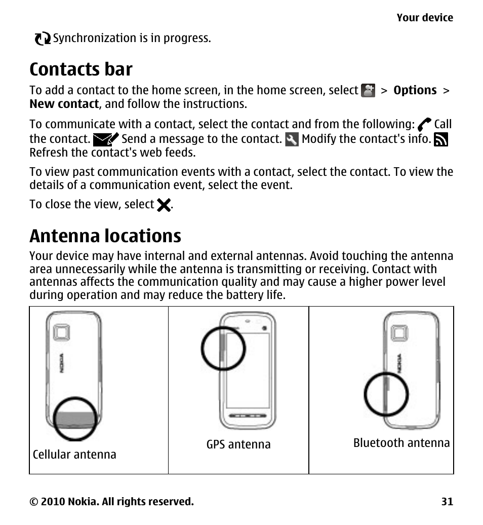 Contacts bar, Antenna locations | Nokia 5230 User Manual | Page 31 / 164