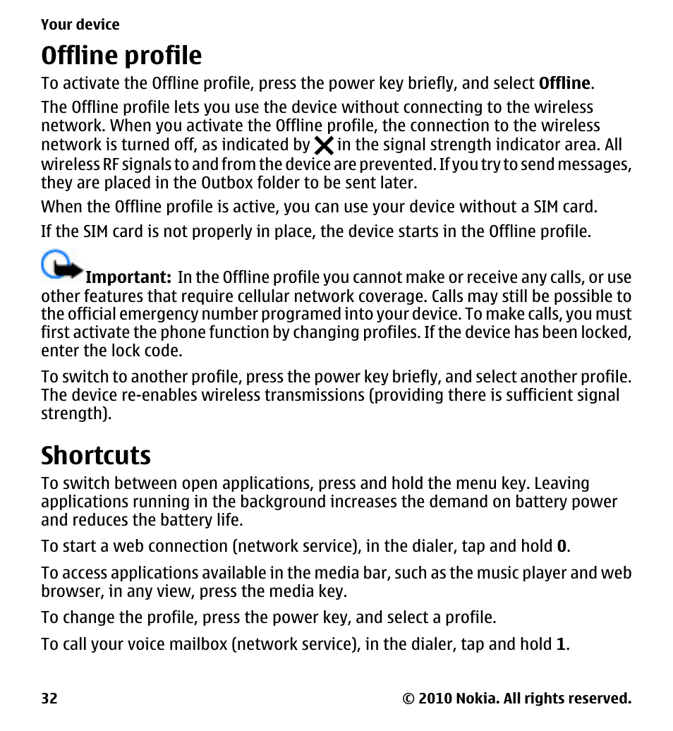 Offline profile, Shortcuts | Nokia 5230 User Manual | Page 32 / 164