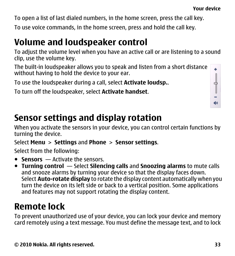 Volume and loudspeaker control, Sensor settings and display rotation, Remote lock | Sensor settings and display, Rotation | Nokia 5230 User Manual | Page 33 / 164