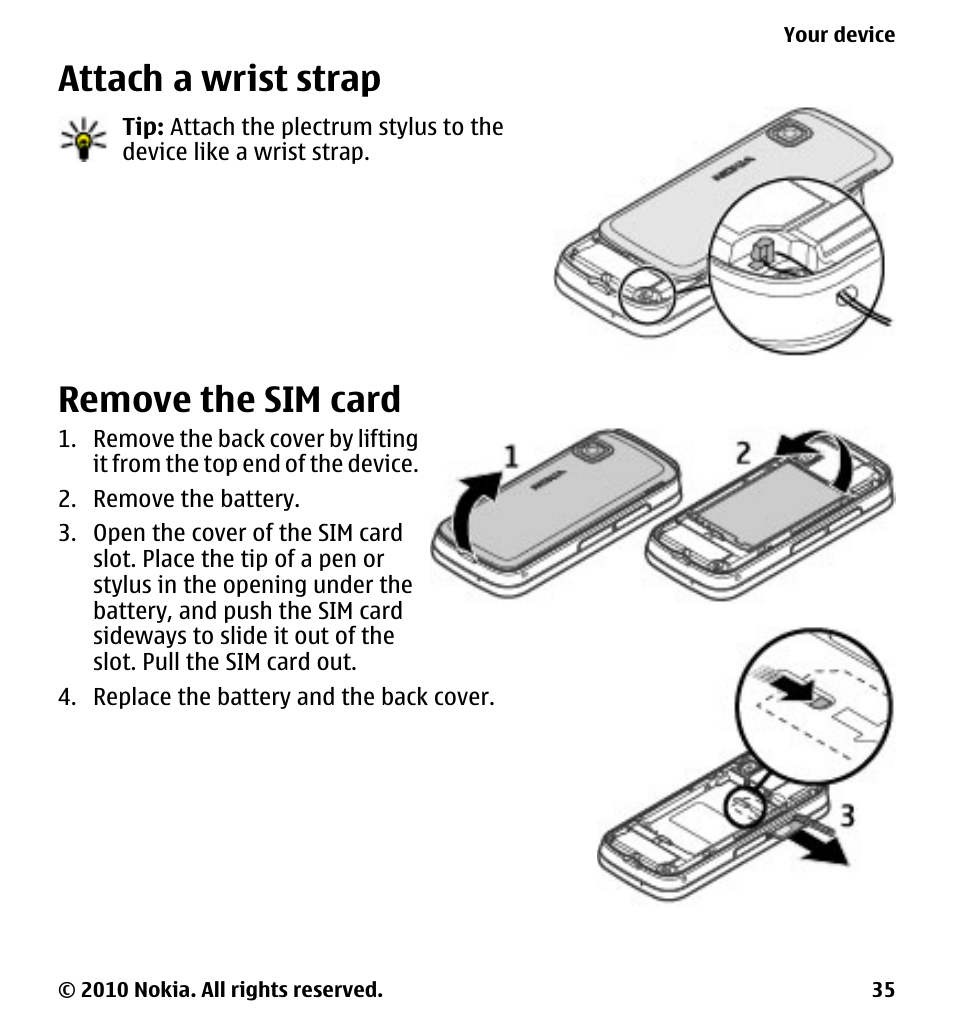 Attach a wrist strap, Remove the sim card | Nokia 5230 User Manual | Page 35 / 164