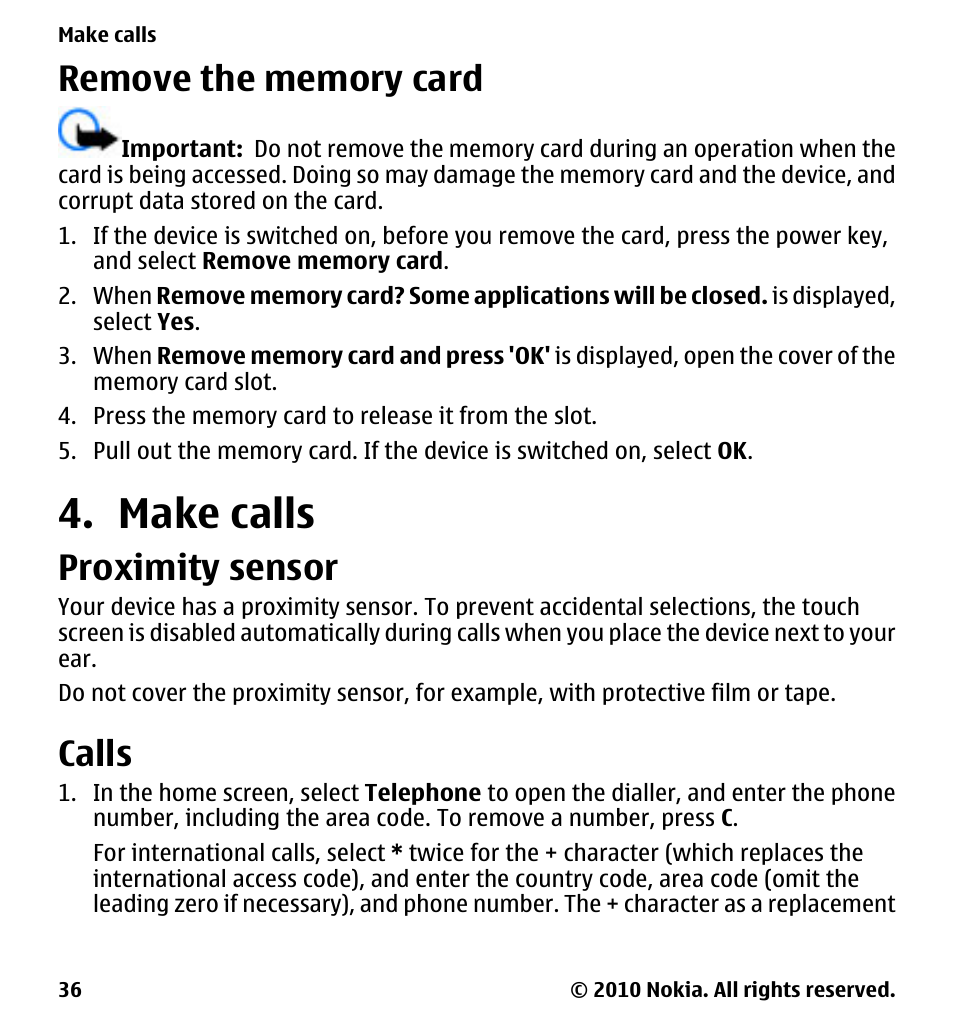 Remove the memory card, Make calls, Proximity sensor | Calls | Nokia 5230 User Manual | Page 36 / 164