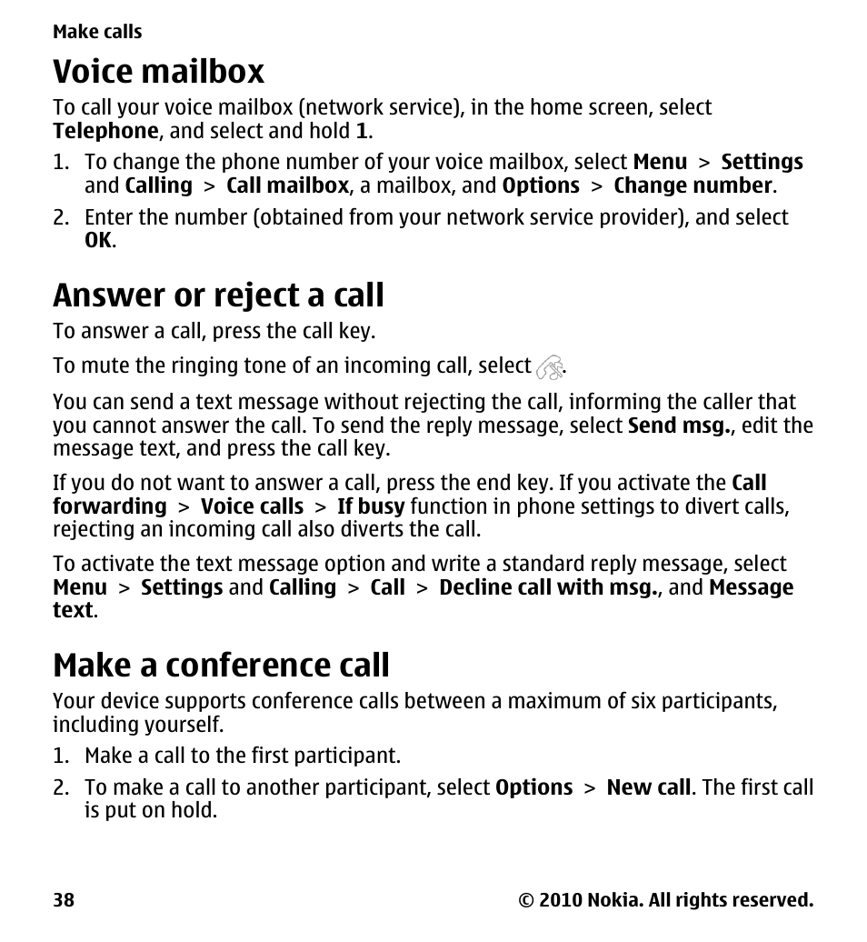 Voice mailbox, Answer or reject a call, Make a conference call | Nokia 5230 User Manual | Page 38 / 164