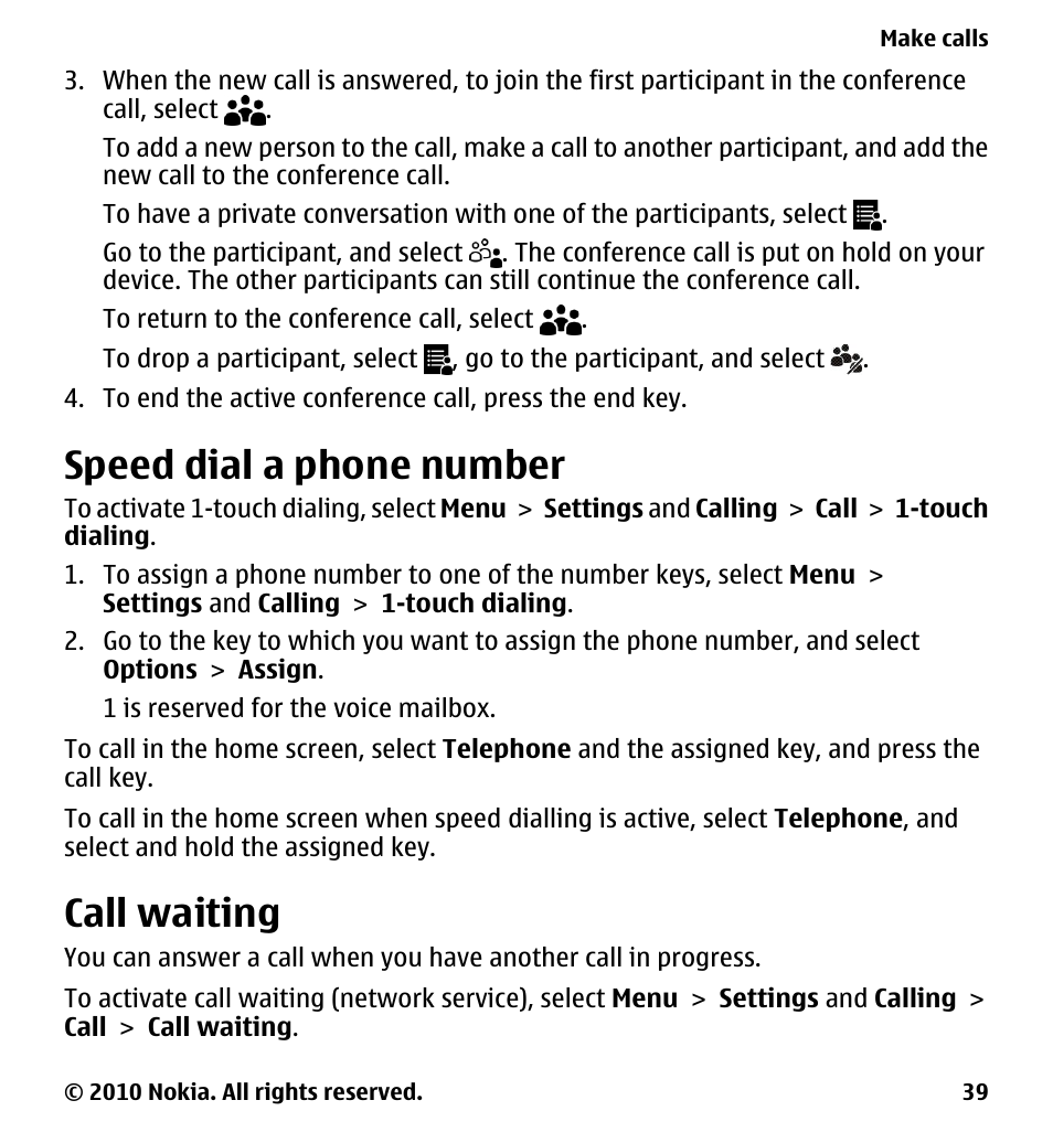Speed dial a phone number, Call waiting | Nokia 5230 User Manual | Page 39 / 164