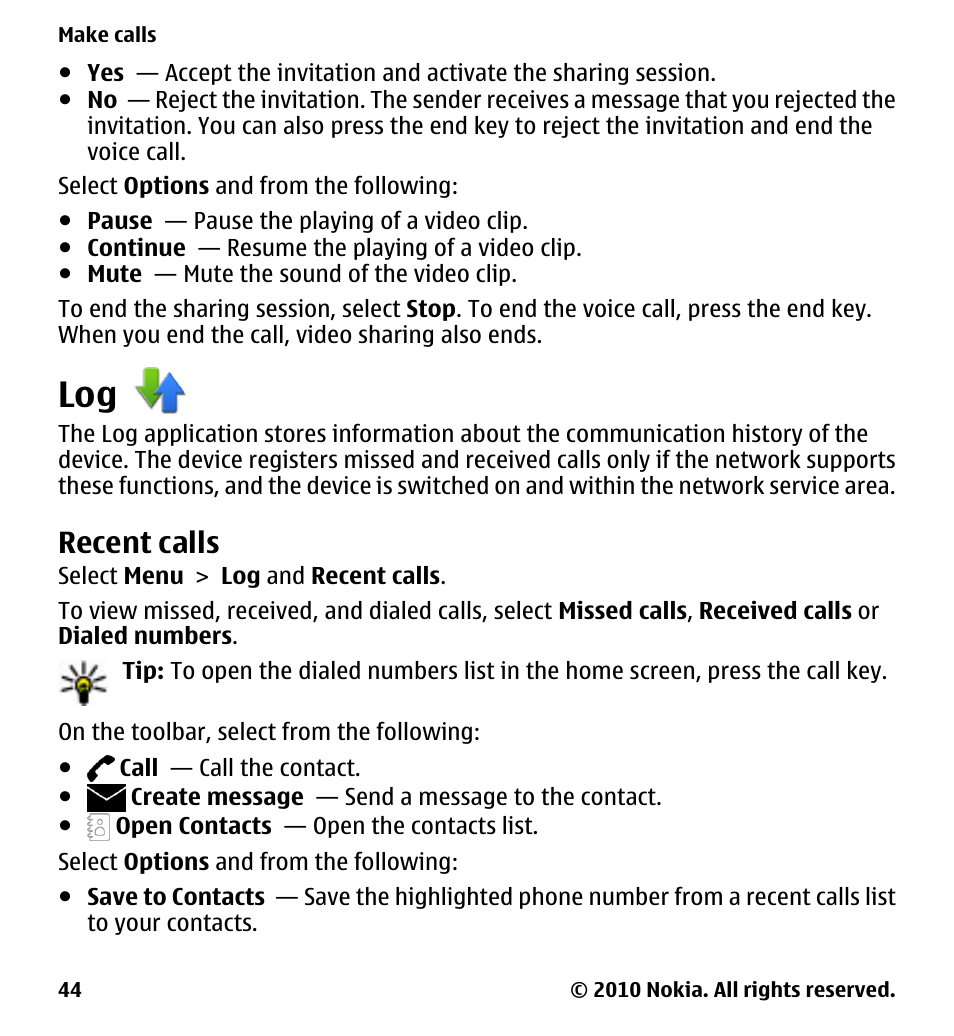 Recent calls | Nokia 5230 User Manual | Page 44 / 164