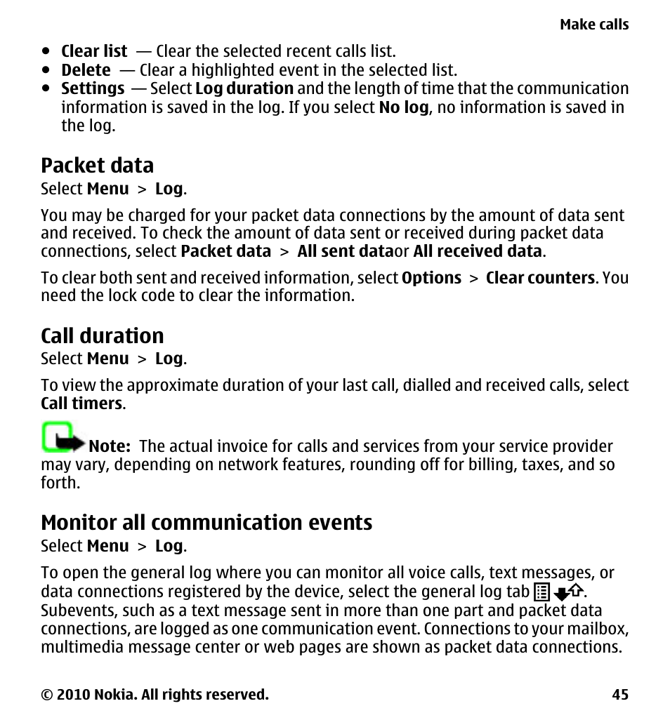 Packet data, Call duration, Monitor all communication events | Nokia 5230 User Manual | Page 45 / 164