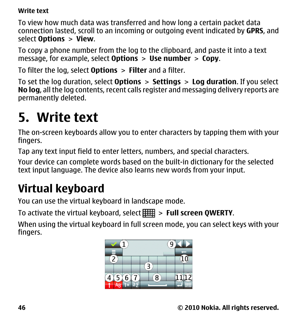 Write text, Virtual keyboard | Nokia 5230 User Manual | Page 46 / 164
